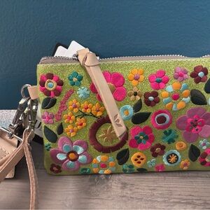 Consuela Buzzy Combi wristlet acid green embroideres floral BRAND NEW W TAGS